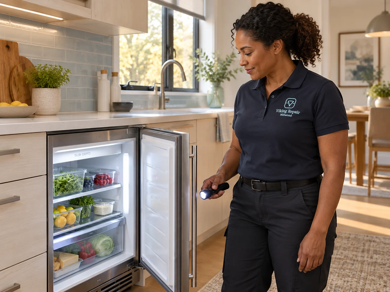 Illustration of a technician wearing the Viking Repair Millwood logo beside a Sub-Zero undercounter refrigerator